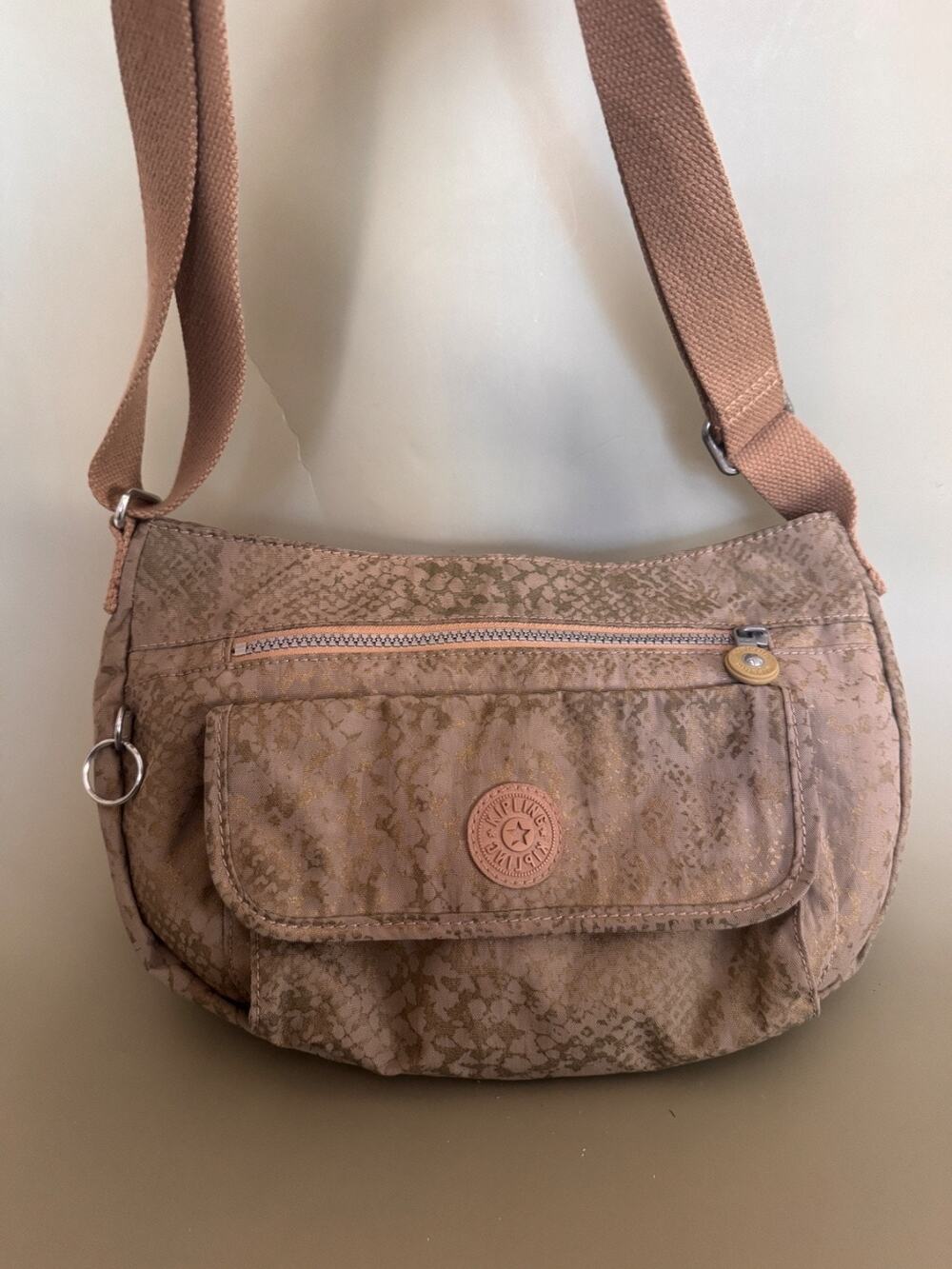 Kipling Crossbody Bag Taupe Brown Snake Print Nylon Purse Adjustable P01